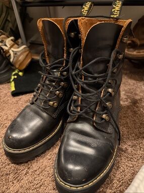 Dr. Martens Black Leather Lace-Up Platform Boots with Tan Trim